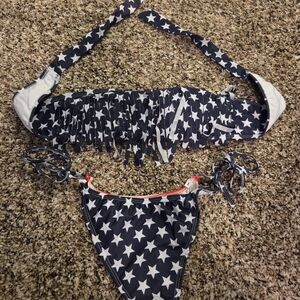 Star-Print Fringe Bikini Set in Navy & White